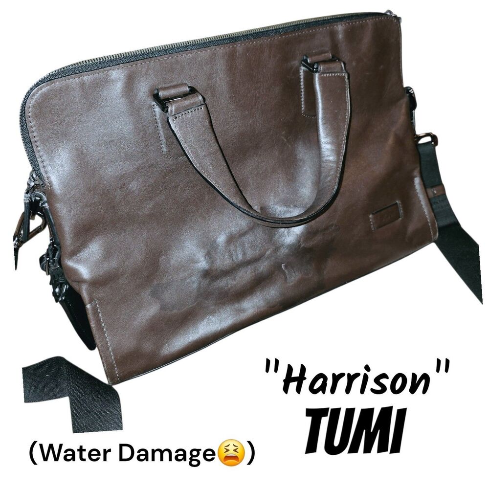 Tumi Harrison Seneca Slim Brown Leather Laptop Logo Travel Office Briefcase FLAW
